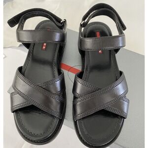 Prada 3X6289 Women's BLACK LEATHER STITCHED OPEN TOE FLATS SANDALS, 36.5